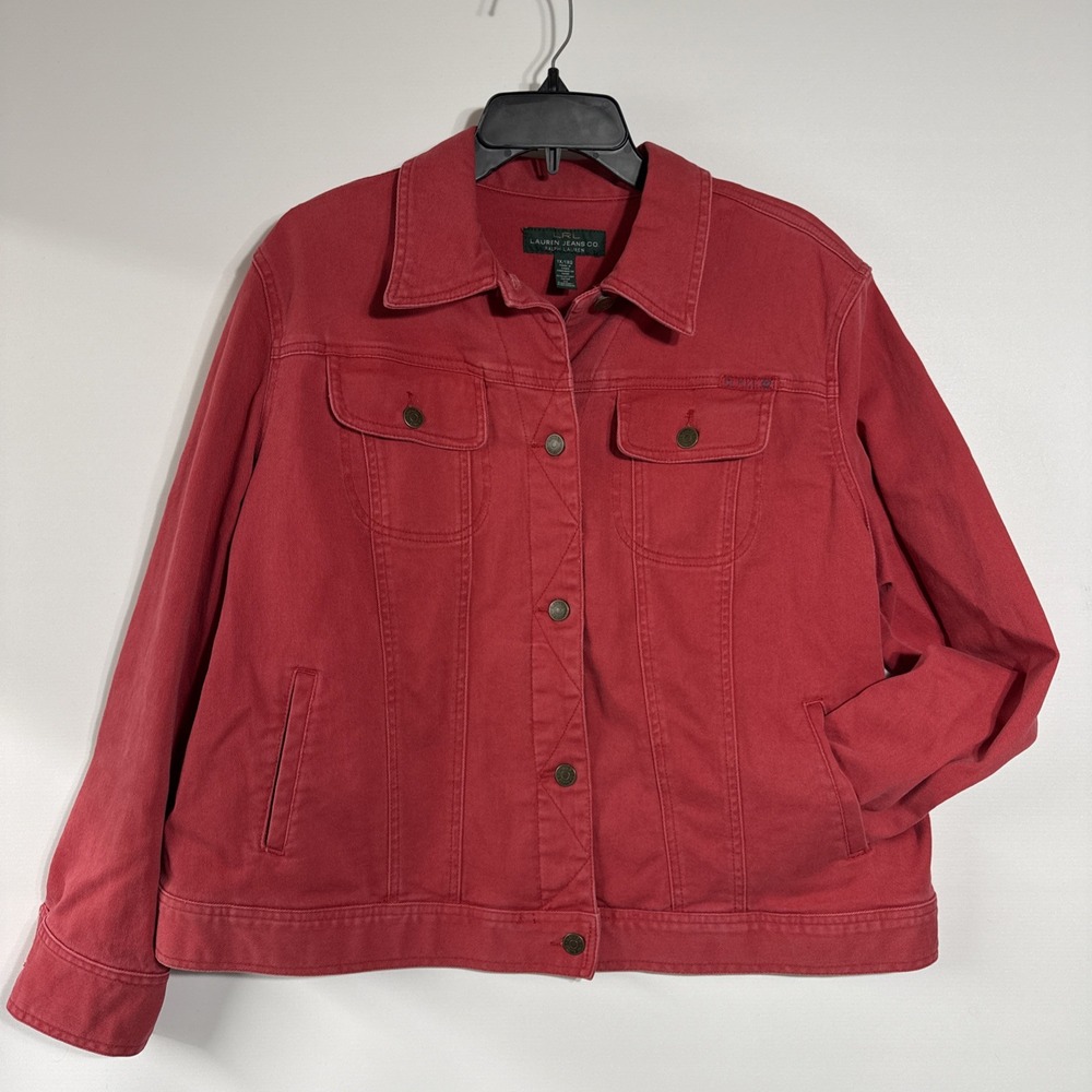 1X Lauren Ralph Lauren Jacket Womens Red Denim Button Up Chore Evening Light